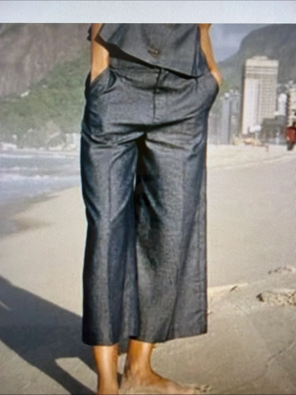 NWT Zara Wide-Leg Cropped Culottes Trouser with Linen Blue Autumn High Waist Med